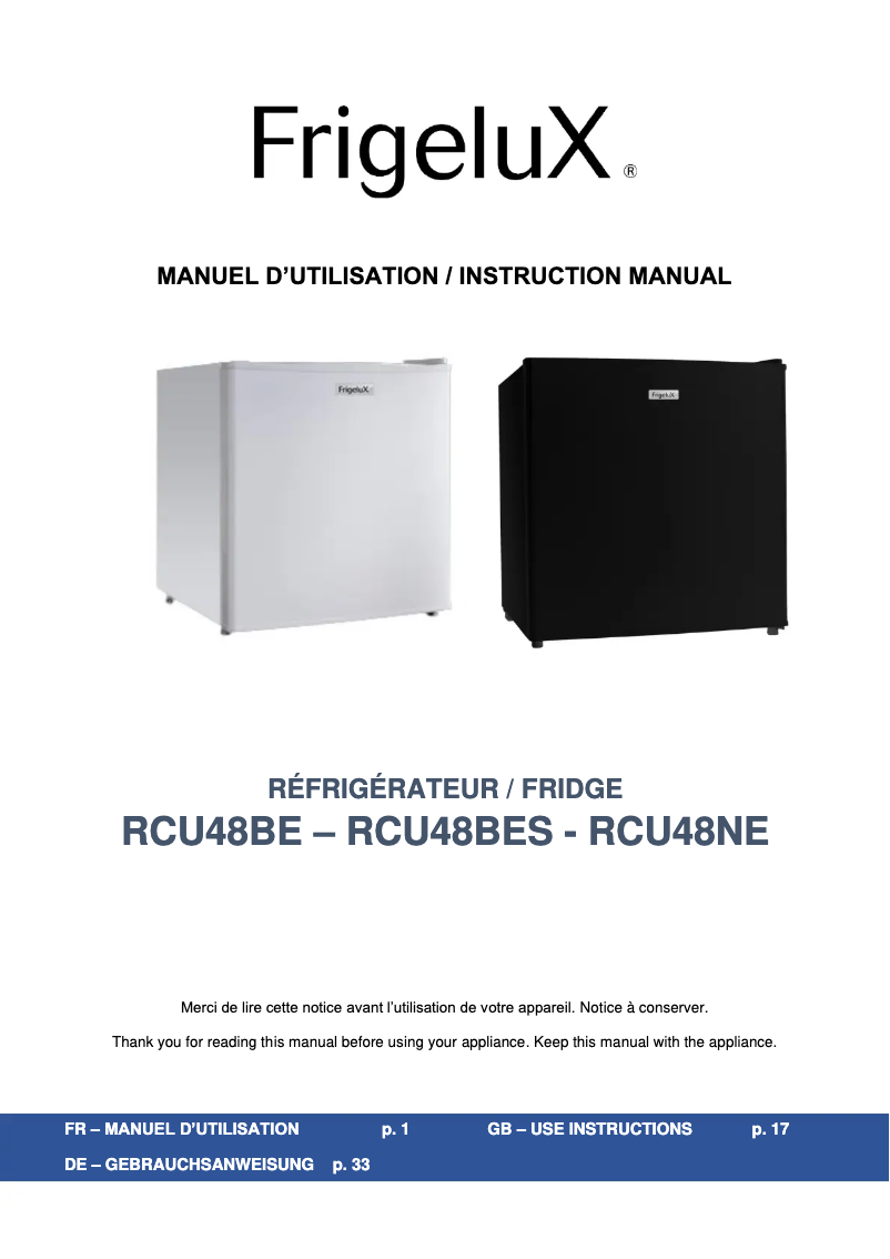 Page n°1 - Manuel utilisateur FrigeluX RCU48NE