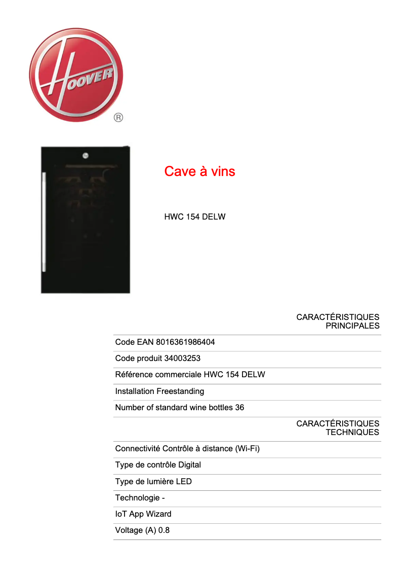 Page n°1 - Fiche technique Hoover H-WINE 700 HWC 154 DELW