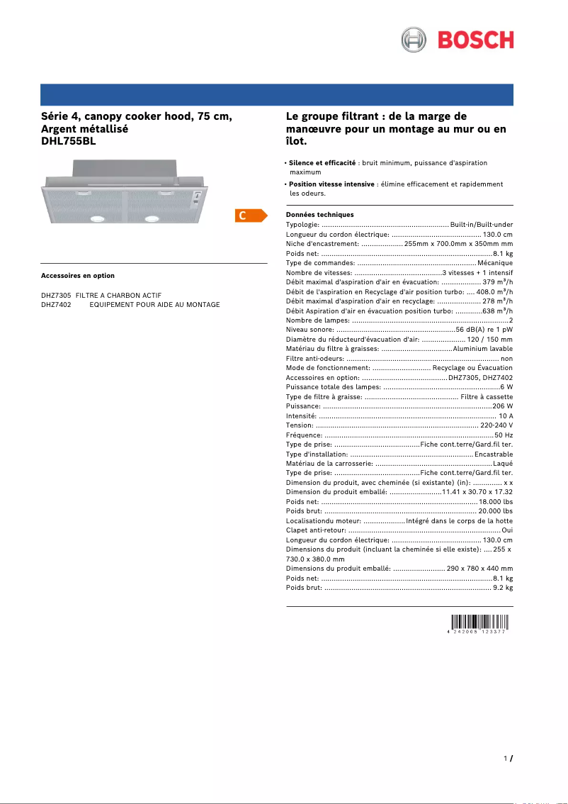 Page 1 de la notice Fiche technique Bosch DHL755BL