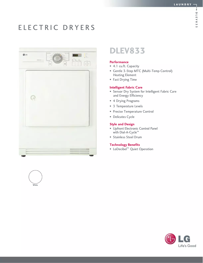 Page 1 de la notice Fiche technique LG DLEV833W