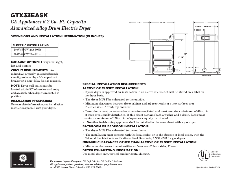 Página 1 del manual Ficha técnica GE GTX33EASKWW