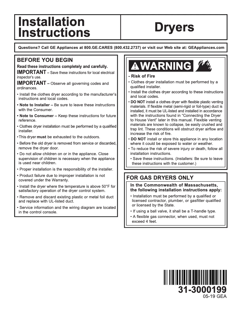 Page n°1 - Guide d'installation GE GTD72GBPNDG