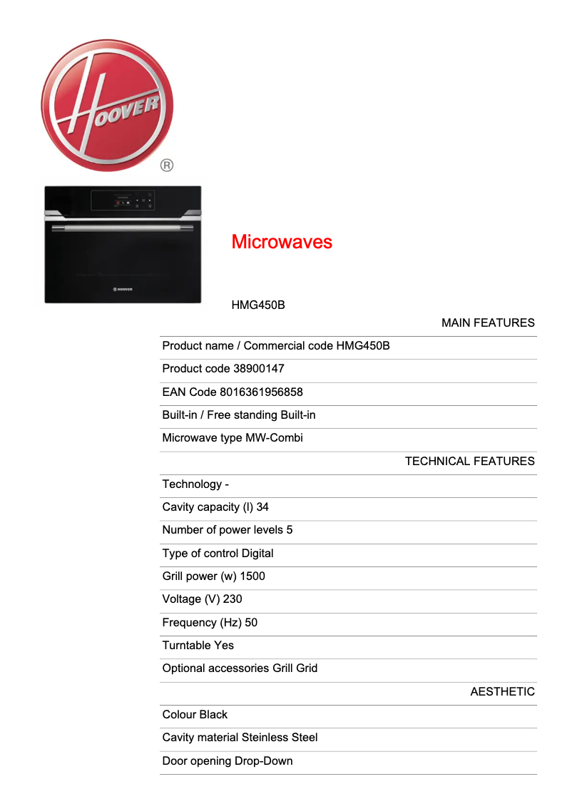 Page n°1 - Fiche technique Hoover HMG450B