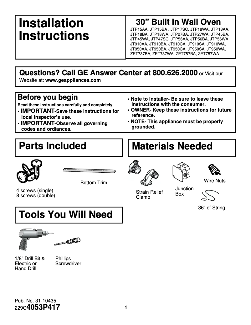 Page 1 de la notice Guide d'installation GE JTP15SDSS