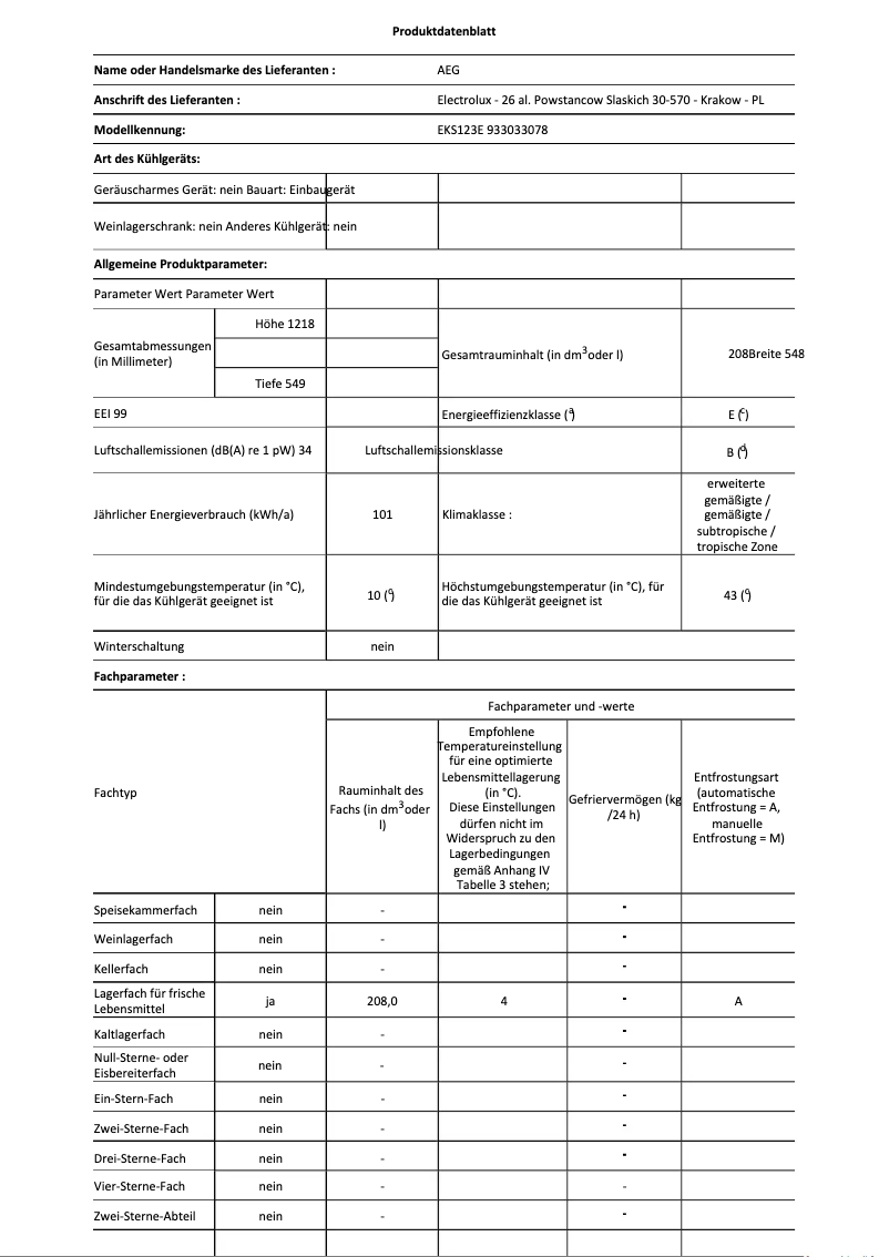 Página 1 del manual Ficha técnica AEG EKS123E