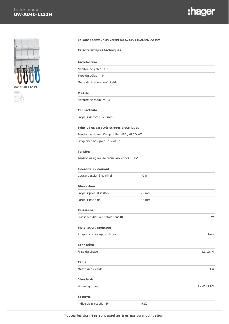 Page n°1 - Manuel utilisateur Hager UW-AU40-L123N