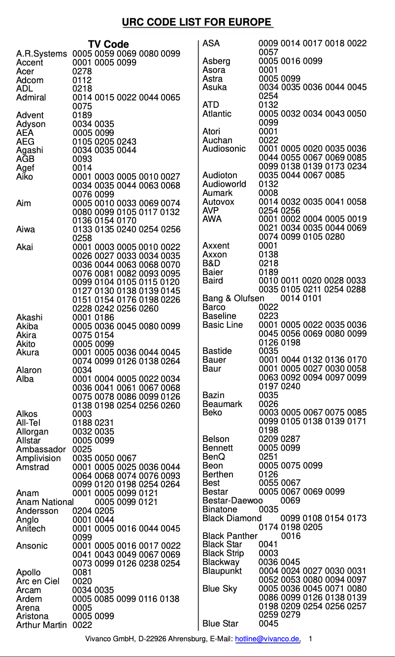 Page 1 de la notice Fiche technique Vivanco UR Z2