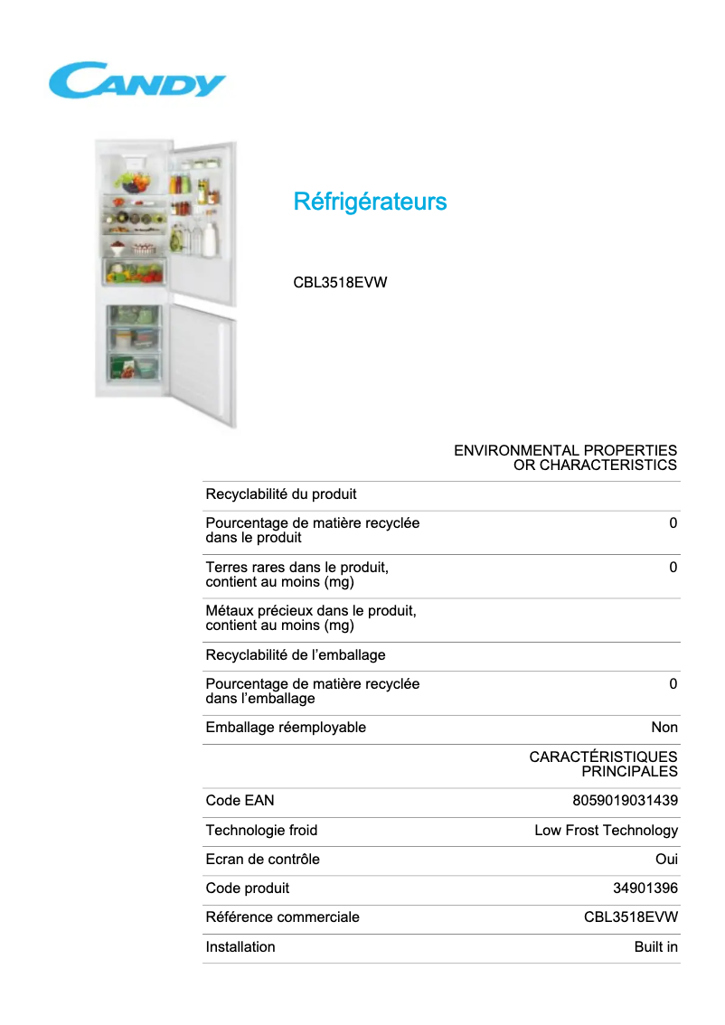 Page 1 de la notice Fiche technique Candy CBL3518EVW
