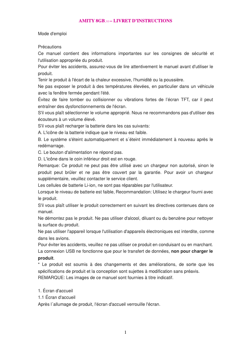 Image de la première page du manuel de l'appareil Amity