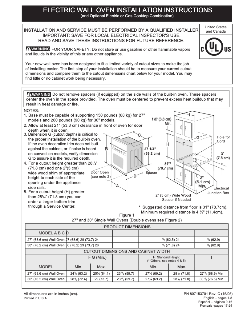 Page 1 de la notice Guide d'installation Frigidaire FPEW3077RF
