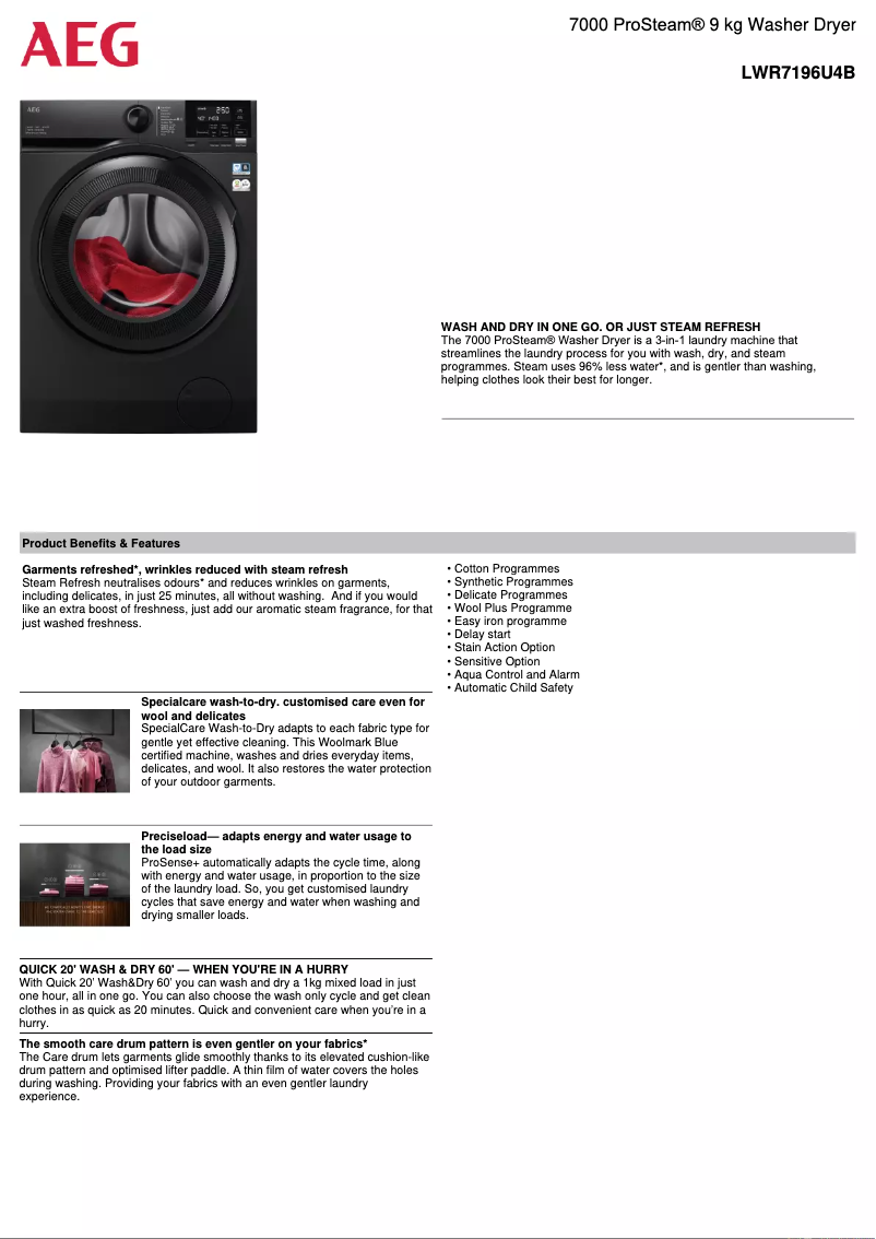 Page 1 de la notice Fiche technique AEG LWR7196U4B