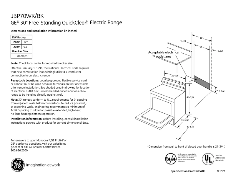 Page n°1 - Fiche technique GE JBP70BKBB