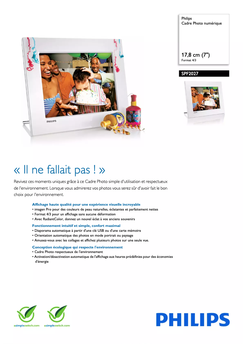 Page 1 de la notice Fiche technique Philips SPF2027