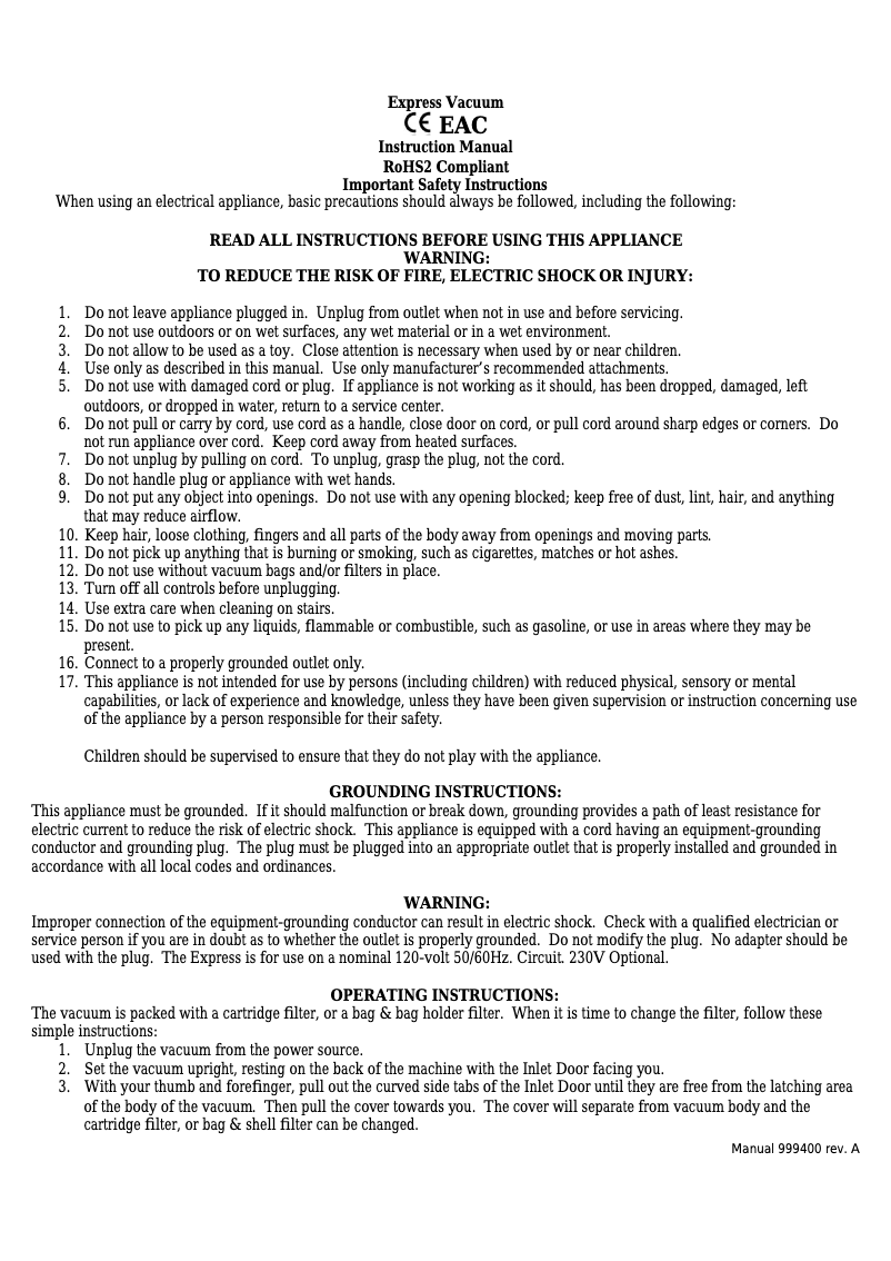 Image de la première page du manuel de l'appareil VACEXP-03