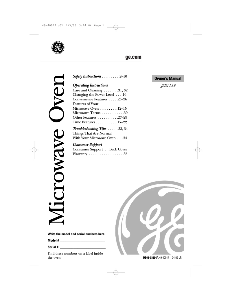 Page n°1 - Manuel utilisateur GE JES1139BL