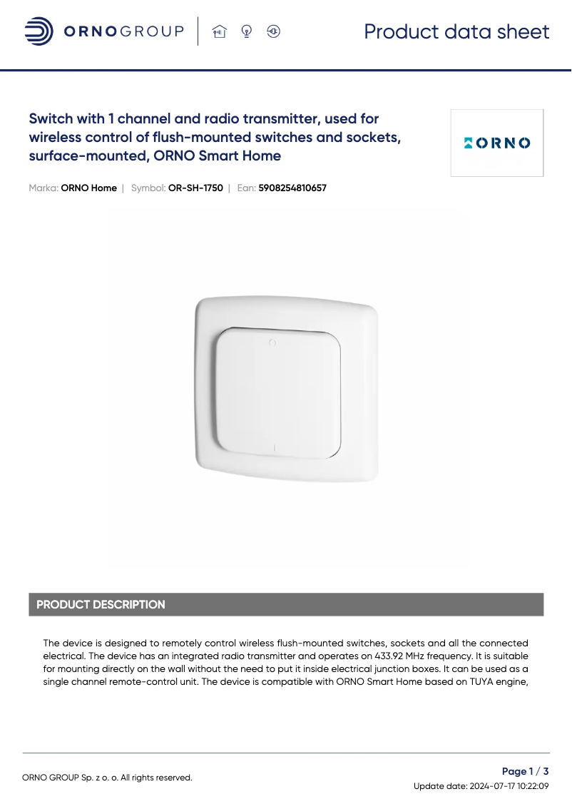 Page 1 de la notice Fiche technique ORNO OR-SH-1750