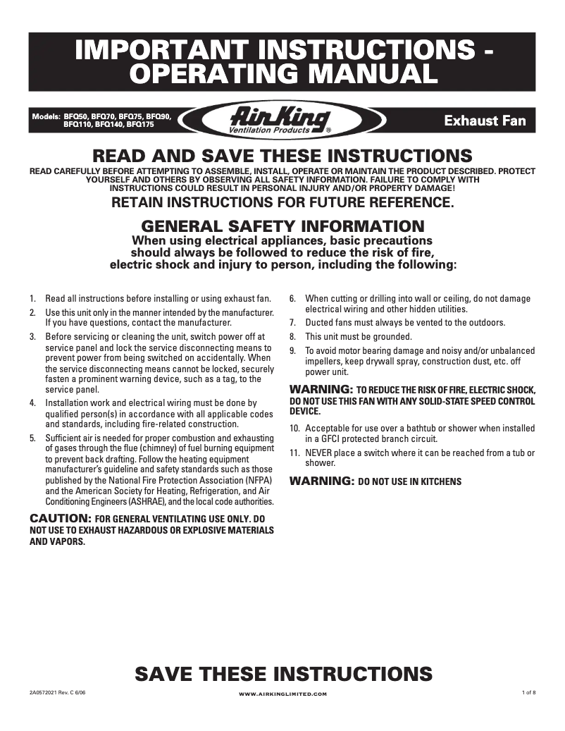 Page 1 de la notice Guide d'installation Air King BFQ80