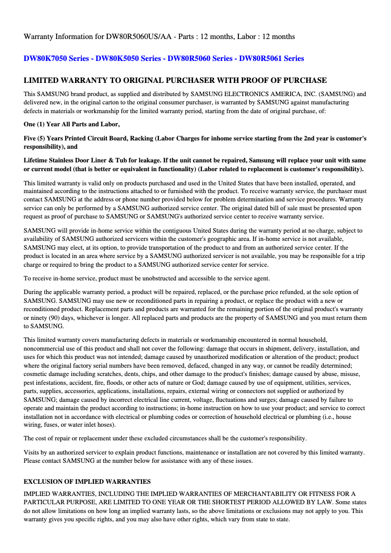 Page 1 de la notice Informations de garantie Samsung DW80R5060US