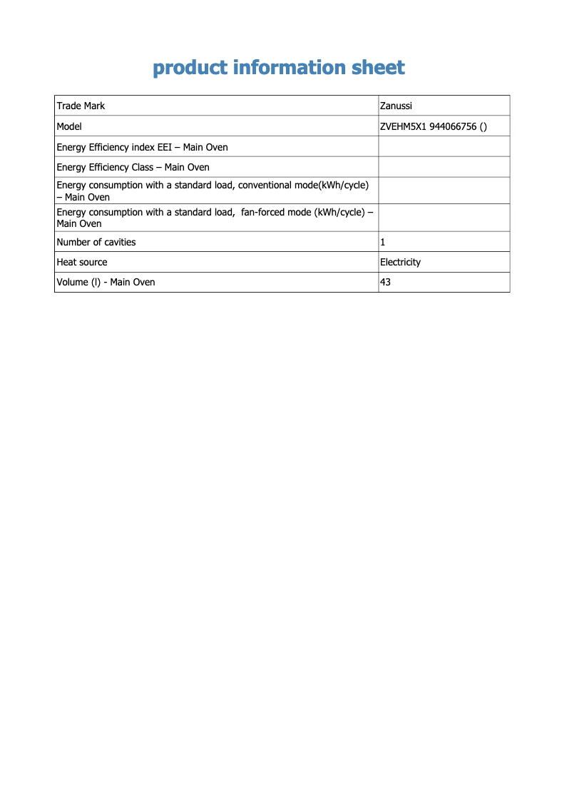 Page 1 de la notice Fiche technique Zanussi ZVEHM5X1