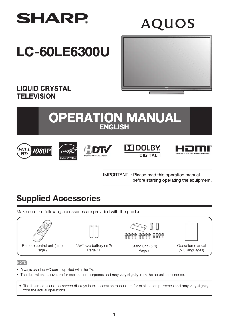 Page n°1 - Manuel utilisateur Sharp AQUOS LC-60LE630U