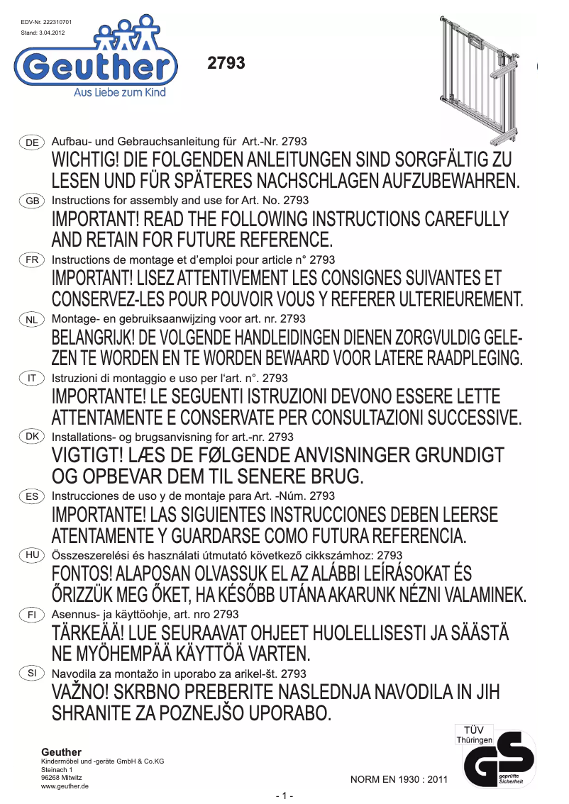 Page n°1 - Manuel utilisateur Geuther Easylock Wood 2793