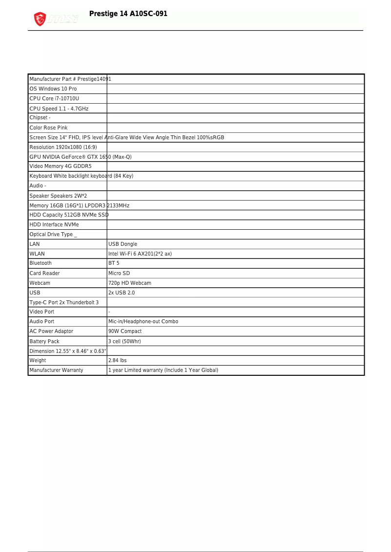 Page n°1 - Fiche technique MSI Prestige 14