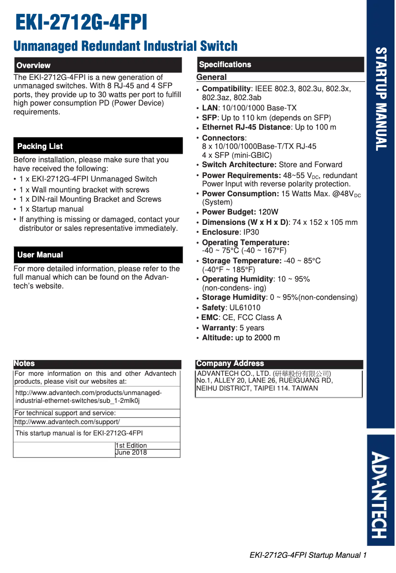 Page n°1 - Manuel utilisateur Advantech EKI-2712G-4FPI-AE