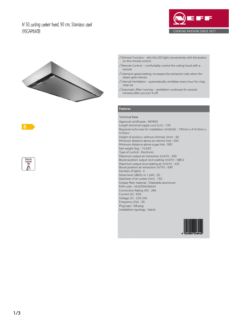Page 1 de la notice Fiche technique Neff I95CAP6N1B