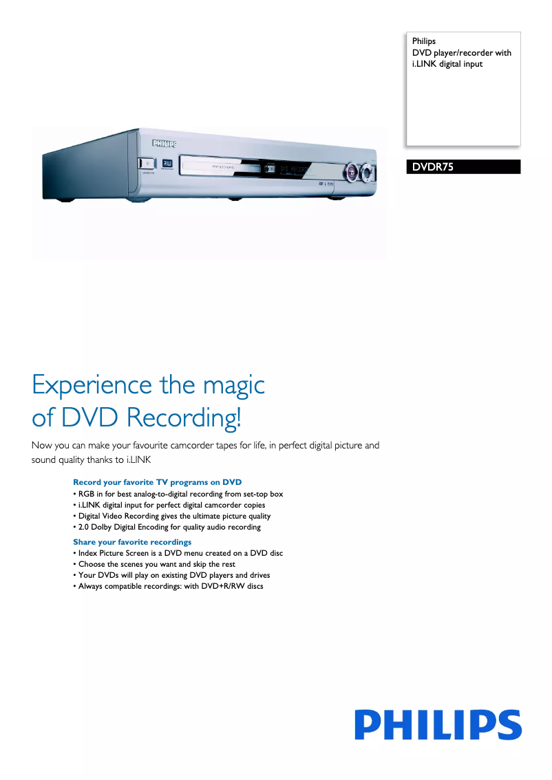 Page 1 of the manual Brochure Philips DVDR75