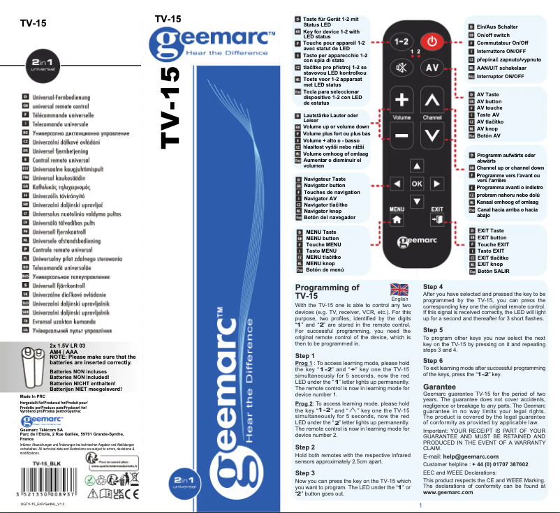 Page 1 de la notice Manuel utilisateur Geemarc TV-15