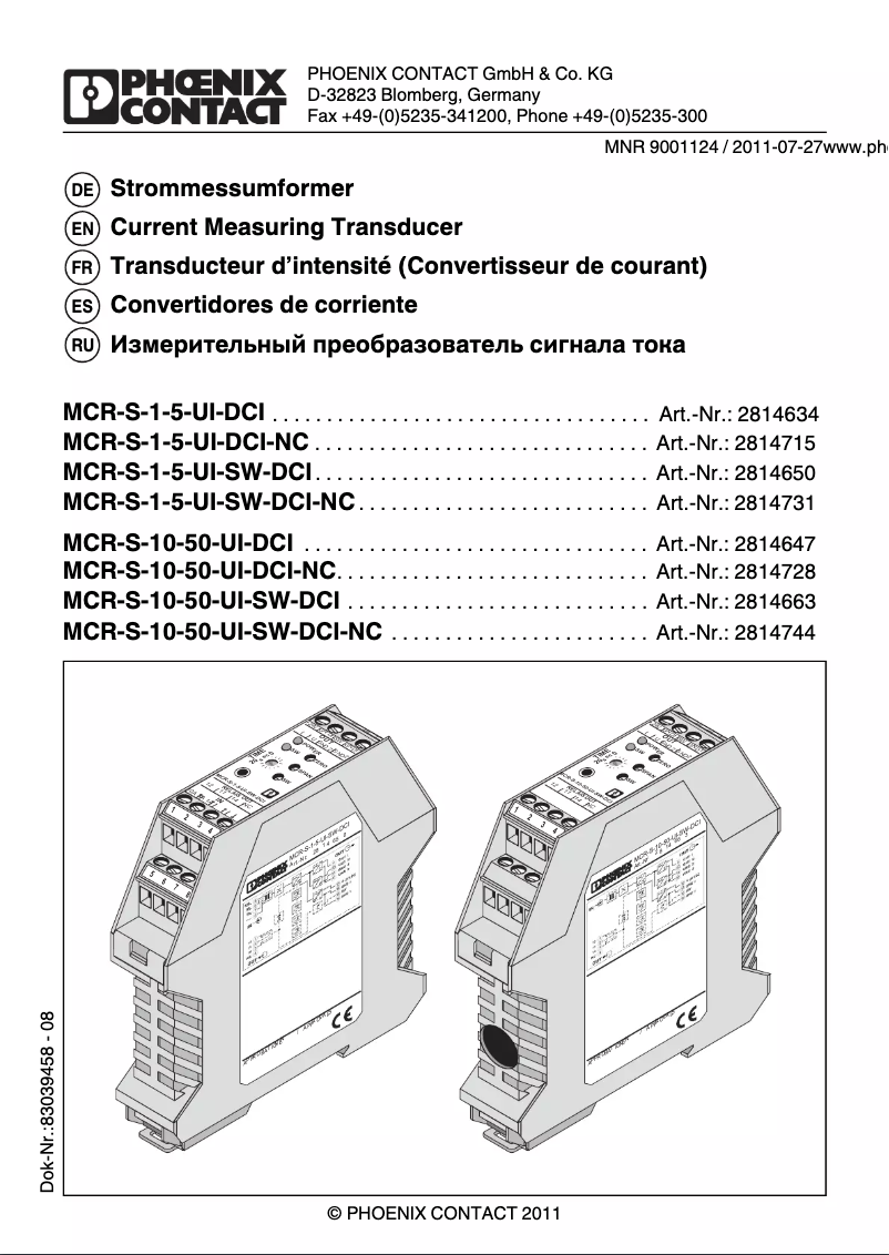 Page 1 de la notice Manuel utilisateur Phoenix Contact MCR-S10/50-UI-DCI-NC