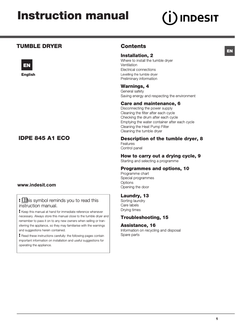 Page 1 de la notice Manuel utilisateur Indesit IDPE 845 A1 ECO (UK)