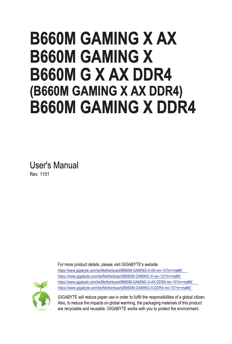 Page 1 de la notice Manuel utilisateur Gigabyte B660M Gaming X AX DDR4
