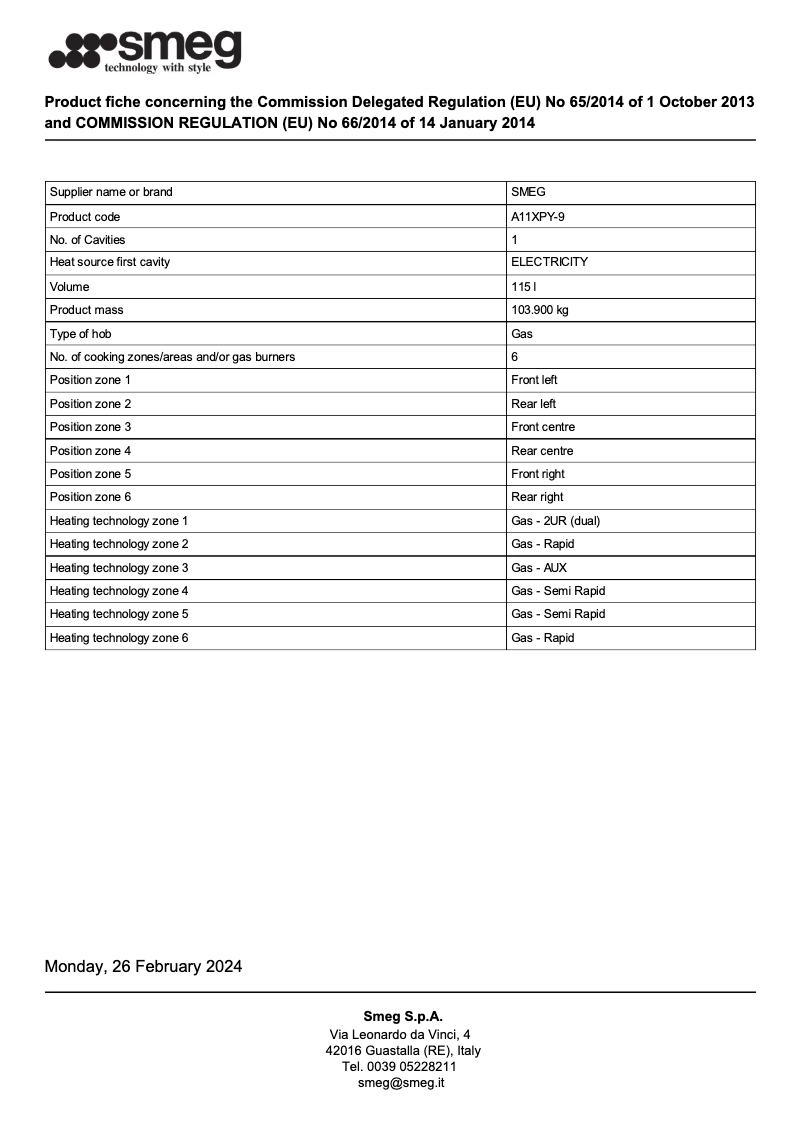Page n°1 - Fiche technique Smeg A11XPY-9