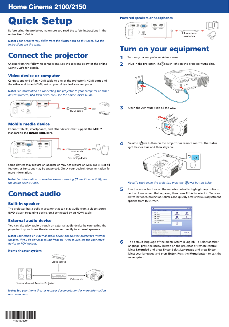 Image de la première page du manuel de l'appareil Home Cinema 2150 Wireless