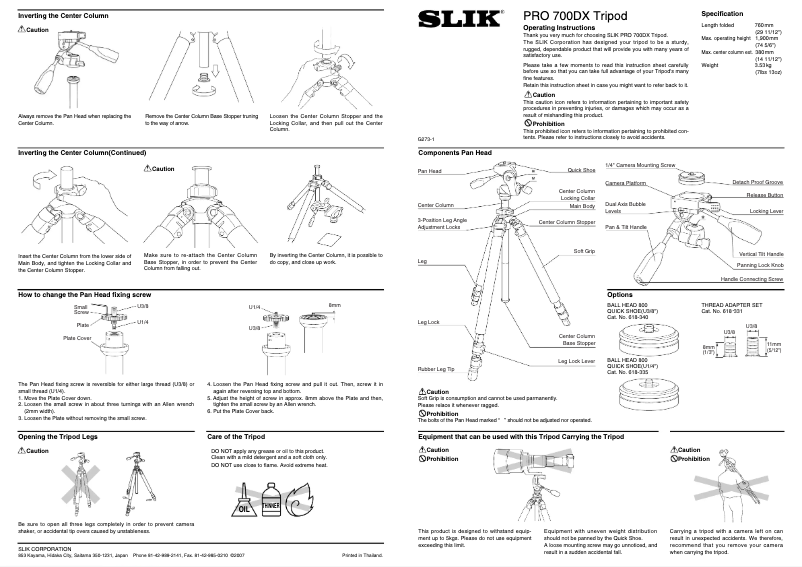 Page 1 de la notice Manuel utilisateur Slik Pro 700DX