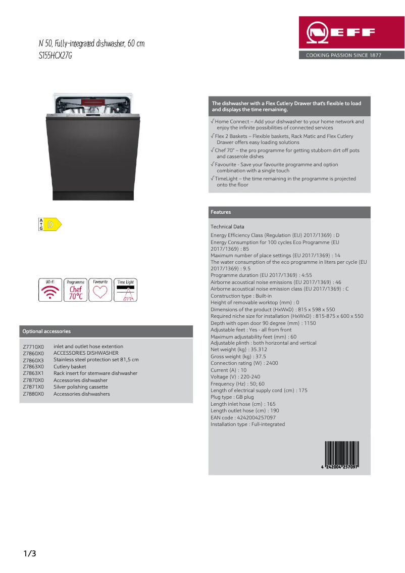 Page 1 de la notice Fiche technique Neff S155HCX27G