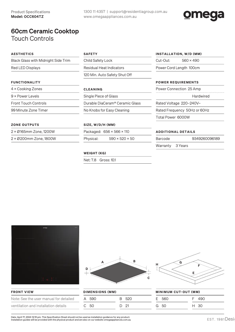 Page n°1 - Fiche technique Omega OCC604TZ