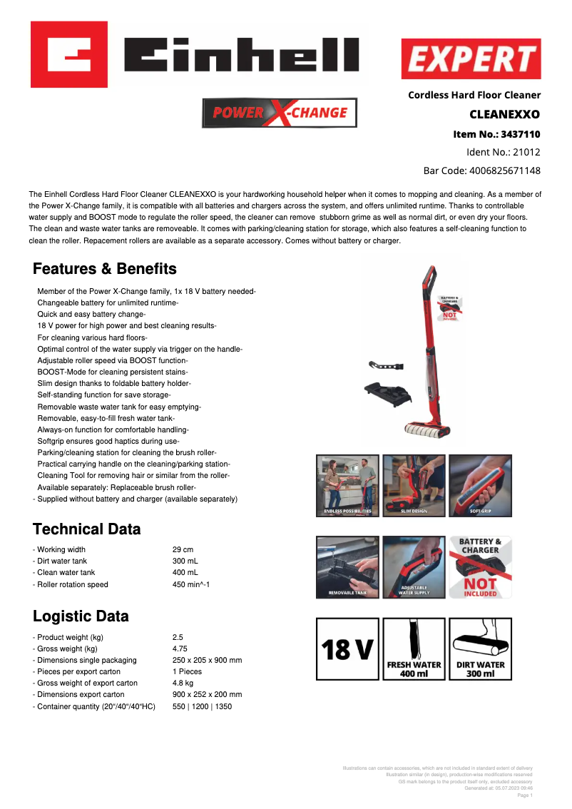 Page 1 de la notice Fiche technique Einhell Cleanexxo