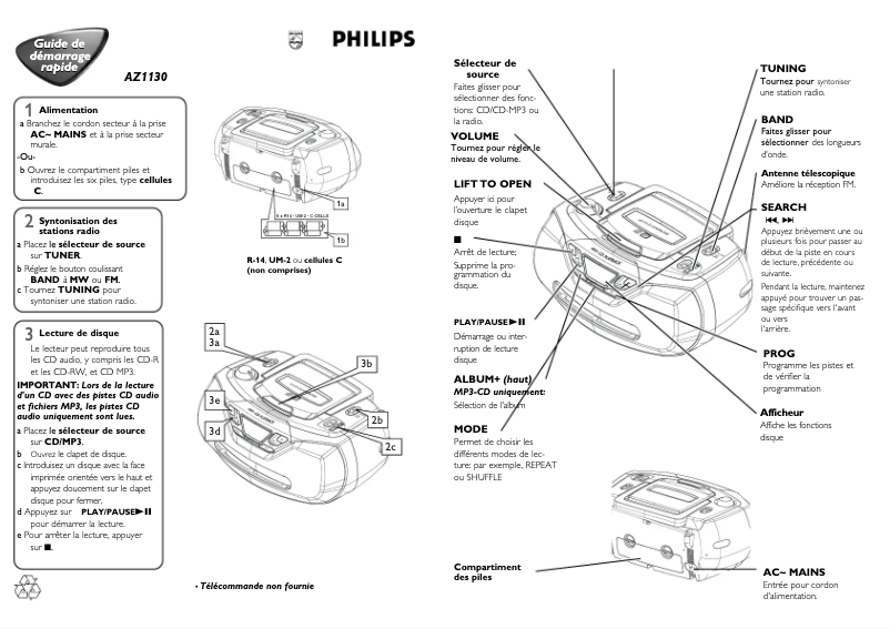 Page 1 de la notice Guide de démarrage rapide Philips AZ1130