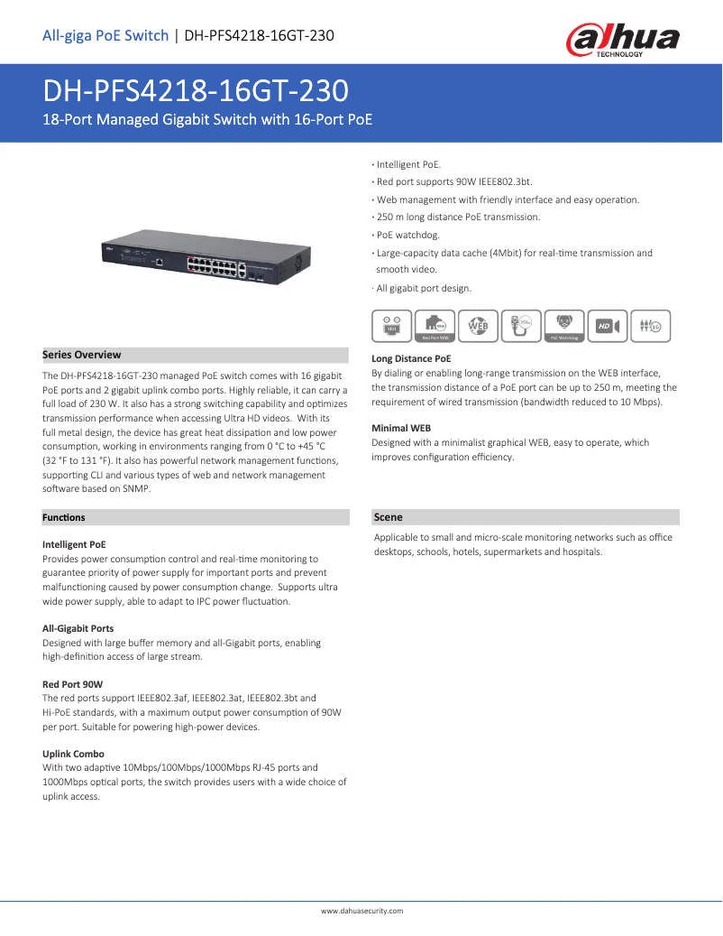 Page 1 de la notice Fiche technique Dahua Technology PFS4218-16GT-230