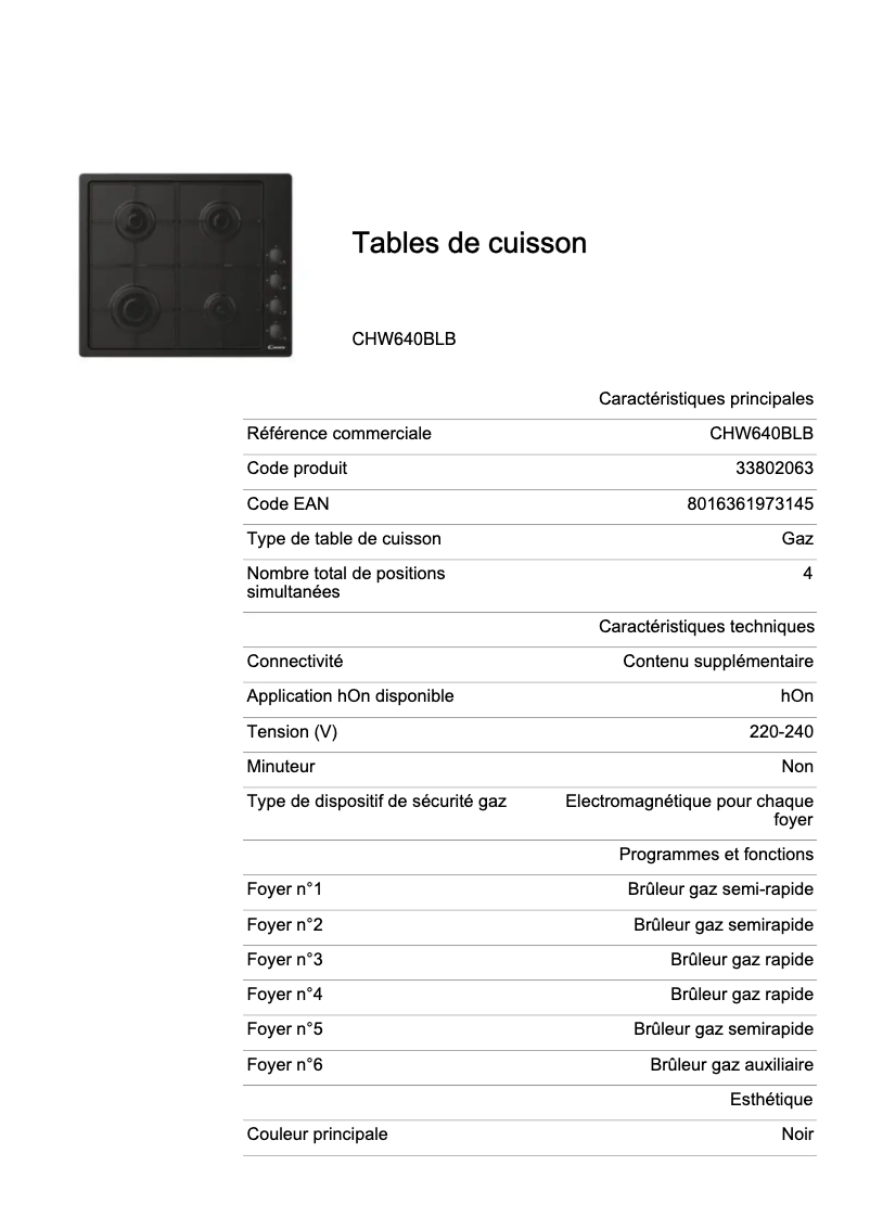 Page 1 de la notice Fiche technique Candy CHW640BLB