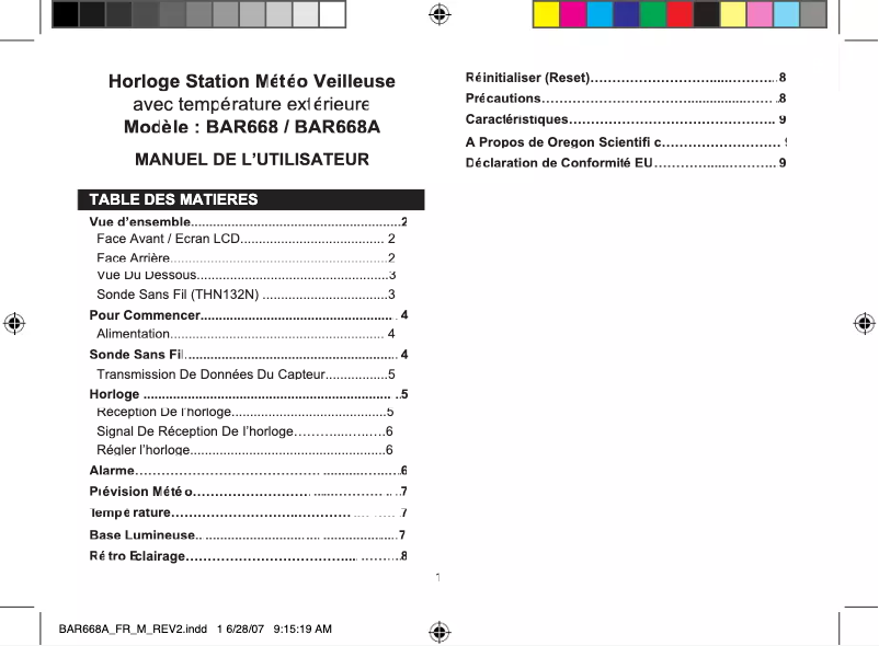 Page 1 de la notice Manuel utilisateur Oregon Scientific BAR668A
