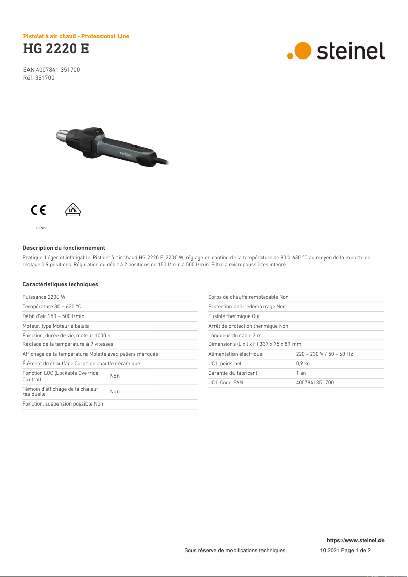 Página 1 del manual Ficha técnica Steinel HG 2220 E