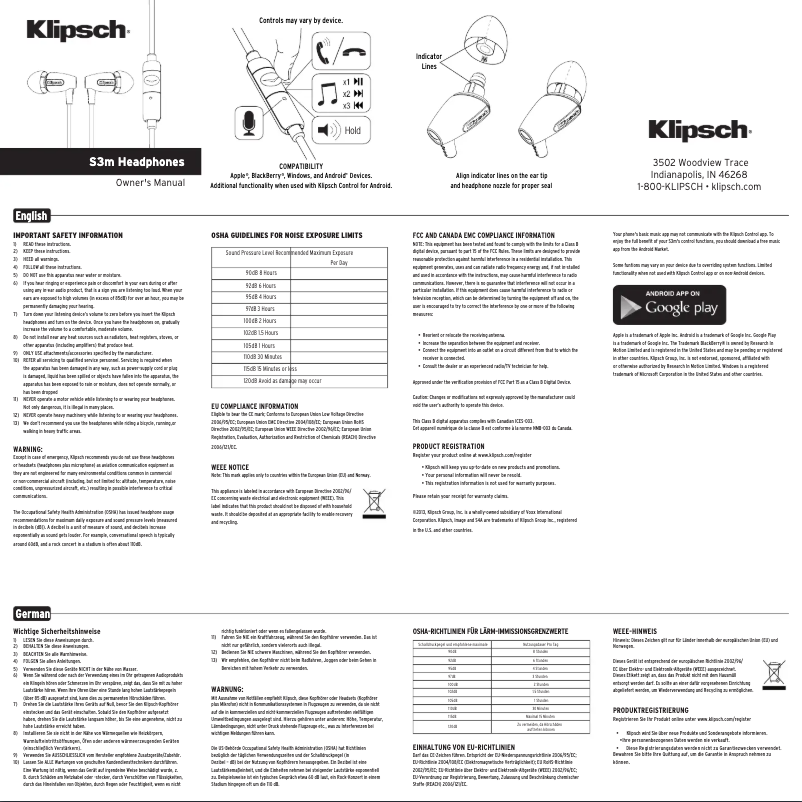 Page 1 de la notice Mode d'emploi Klipsch S3m