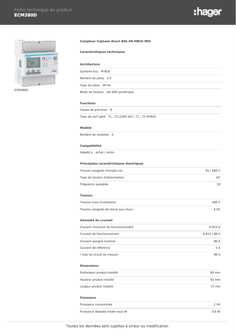 Page 1 de la notice Fiche technique Hager ECM380D