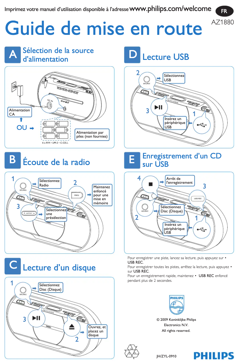 Page 1 de la notice Guide de démarrage rapide Philips AZ1880