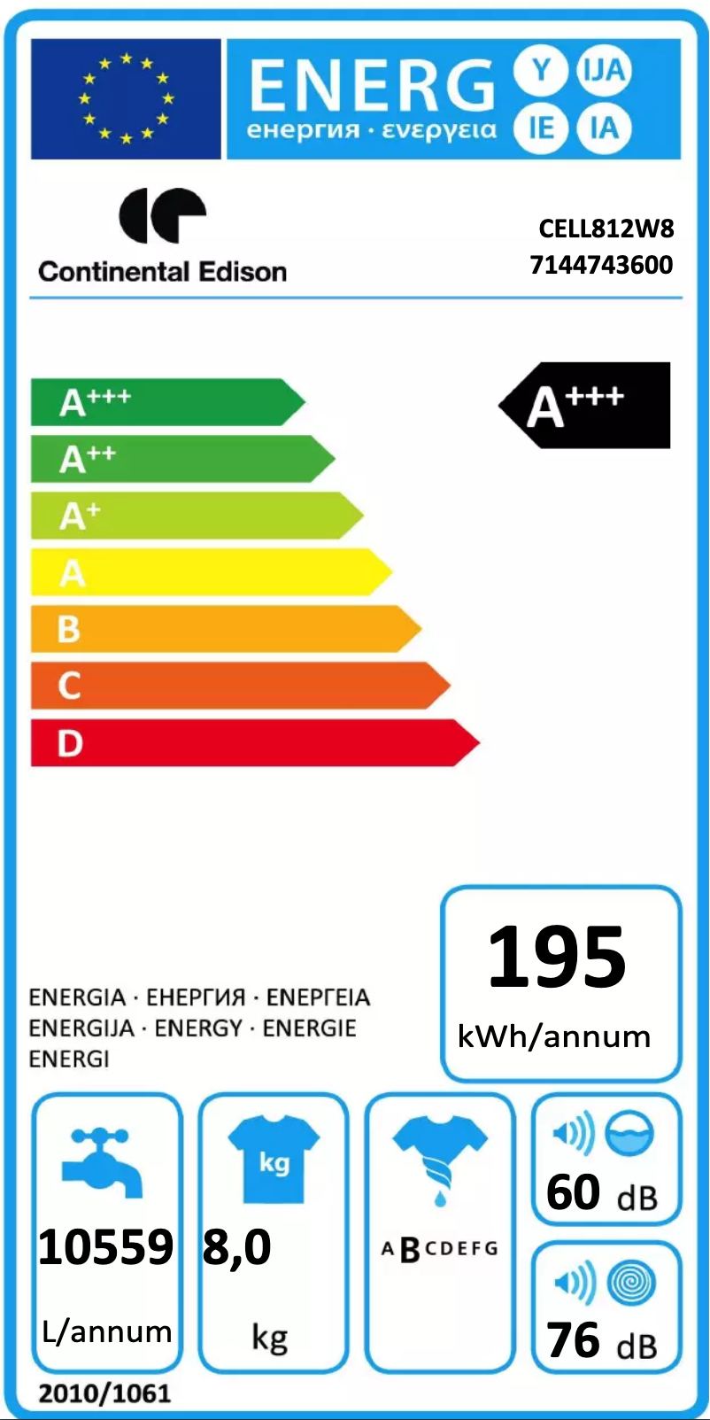 Page n°1 - Label énergétique Continental Edison CELL812W8