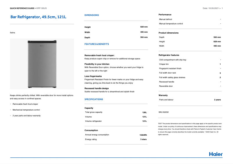 Page n°1 - Manuel utilisateur Haier HRF130US