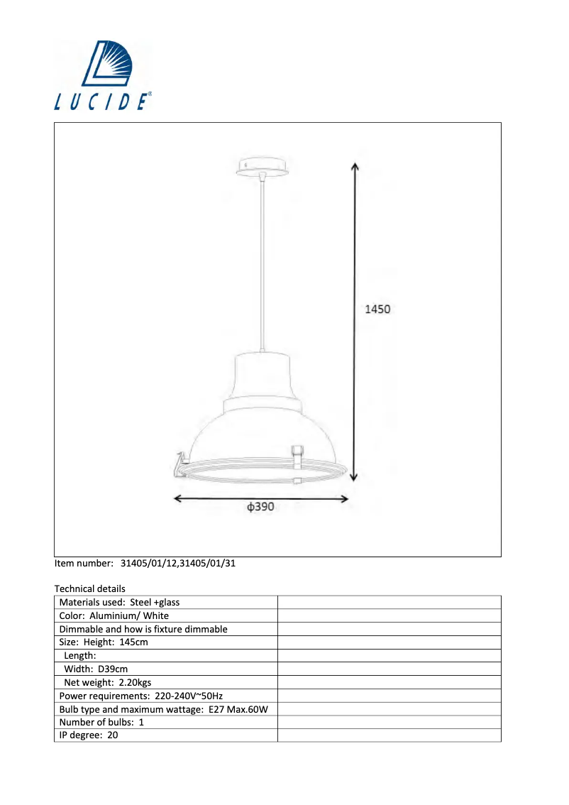 Page 1 de la notice Manuel utilisateur Lucide Factory 31405/01/31